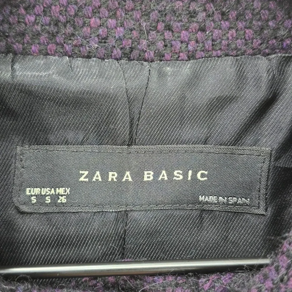 Zara Tweed Double Breasted Swing Peacoat S Purple Black Wool Alpaca Blend Office